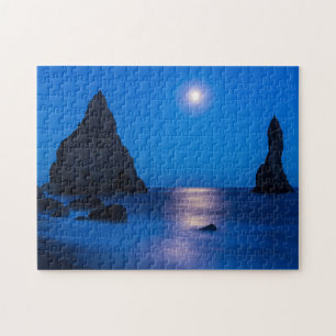 Moonrise Reflection   Iceland, Reynisdrangur Jigsaw Puzzle