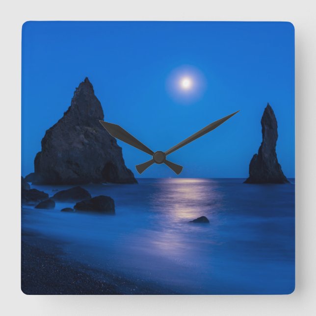 Moonrise Reflection | Iceland, Reynisdrangur Square Wall Clock (Front)