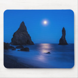 Moonrise reflection on ocean and sea stacks mouse pad