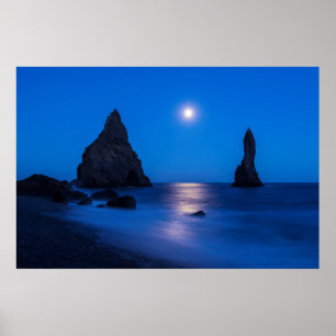 Moonrise reflection on ocean and sea stacks poster