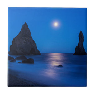 Moonrise reflection on ocean and sea stacks tile