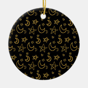 Moons and Stars Gold Pattern Ceramic Ornament