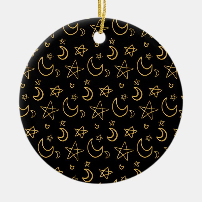 Moons and Stars Gold Pattern Ceramic Ornament (Front)