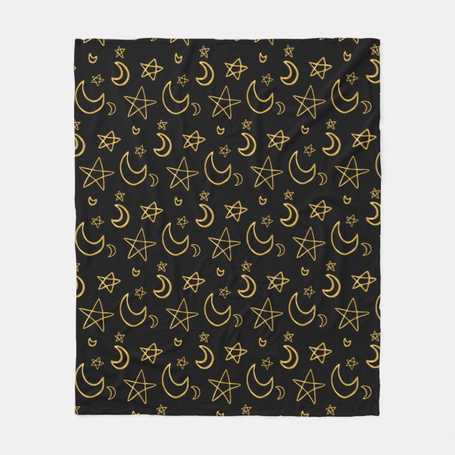 Moons and Stars Gold Pattern Fleece Blanket (Front)