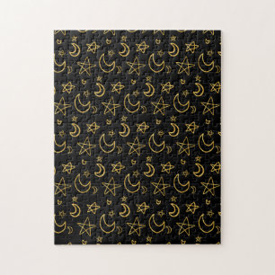 Moons and Stars Gold Pattern Jigsaw Puzzle