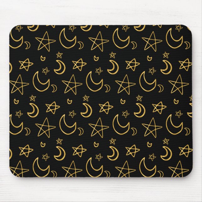 Moons and Stars Gold Pattern Mouse Pad (Front)