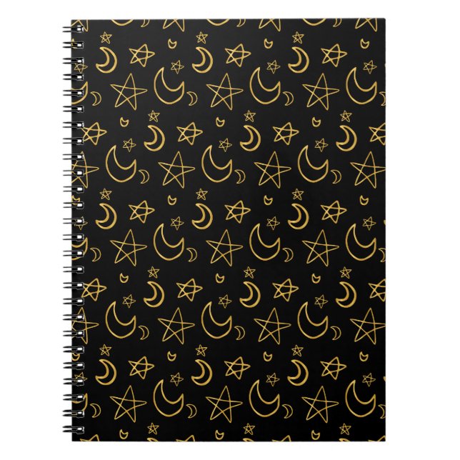 Moons and Stars Gold Pattern Notebook (Front)