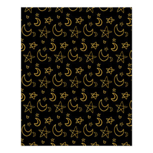 Moons and Stars Gold Pattern Poster