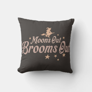 Moons Out Brooms Out Grey Halloween Throw Pillow