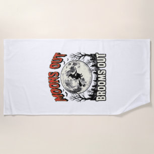 Moons Out Brooms Out Vintage Halloween Witch Desig Beach Towel