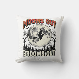 Moons Out Brooms Out Vintage Halloween Witch Desig Throw Pillow