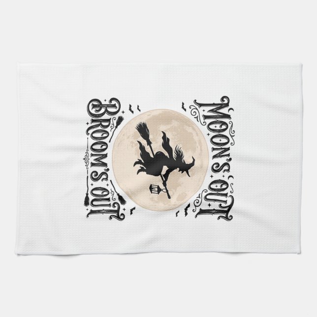 Moons Out Brooms Out Witch Halloween Kitchen Towel (Horizontal)