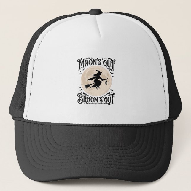 Moons Out Brooms Out Witch Halloween Trucker Hat (Front)