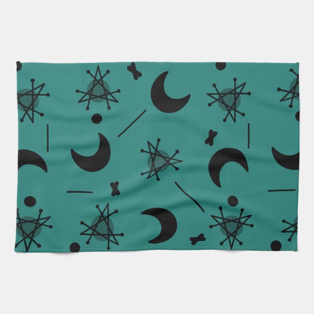Moons & Stars Atomic Era Abstract Teal Kitchen Towel (Horizontal)