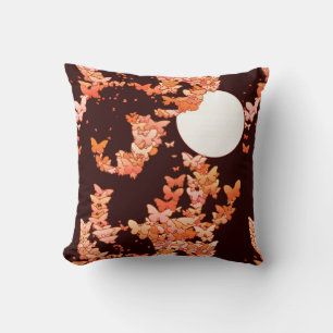 Moonscape with butterflies - coral, chocolate throw pillow
