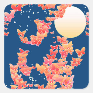 Moonscape with butterflies - coral, teal blue square sticker