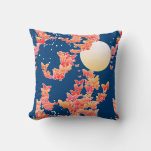 Moonscape with butterflies - coral, teal blue throw pillow