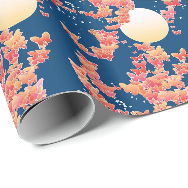 Moonscape with butterflies - coral, teal blue wrapping paper (Roll Corner)