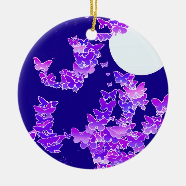 Moonscape with butterflies - lilac, dark blue ceramic ornament (Front)