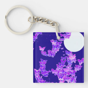 Moonscape with butterflies - lilac, dark blue keychain