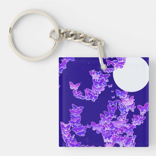 Moonscape with butterflies - lilac, dark blue keychain (Front)