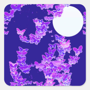 Moonscape with butterflies - lilac, dark blue square sticker