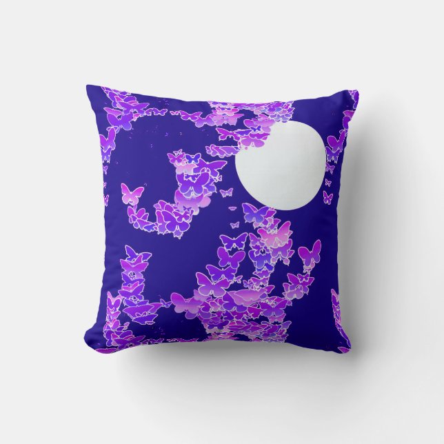 Moonscape with butterflies - lilac, dark blue throw pillow (Front)