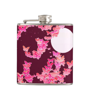 Moonscape with butterflies - pink, burgundy hip flask