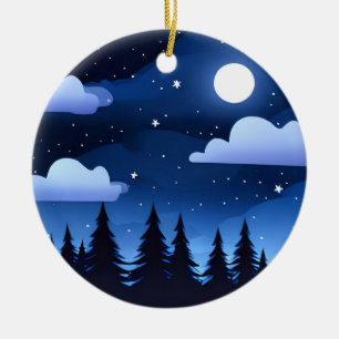 Moonscape with Stars & Pine Trees Ceramic Ornament