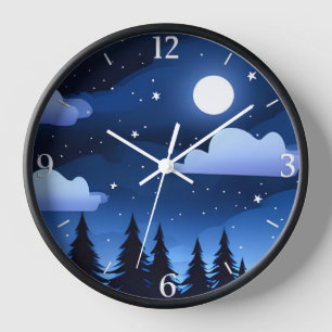 Moonscape with Stars & Pine Trees Clock