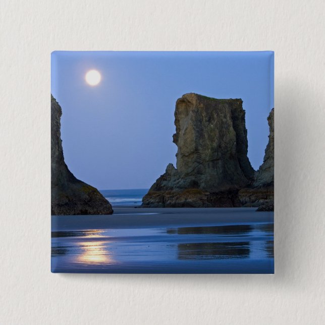 Moonset, Bandon Beach, Oregon. 2 Inch Square Button (Front)