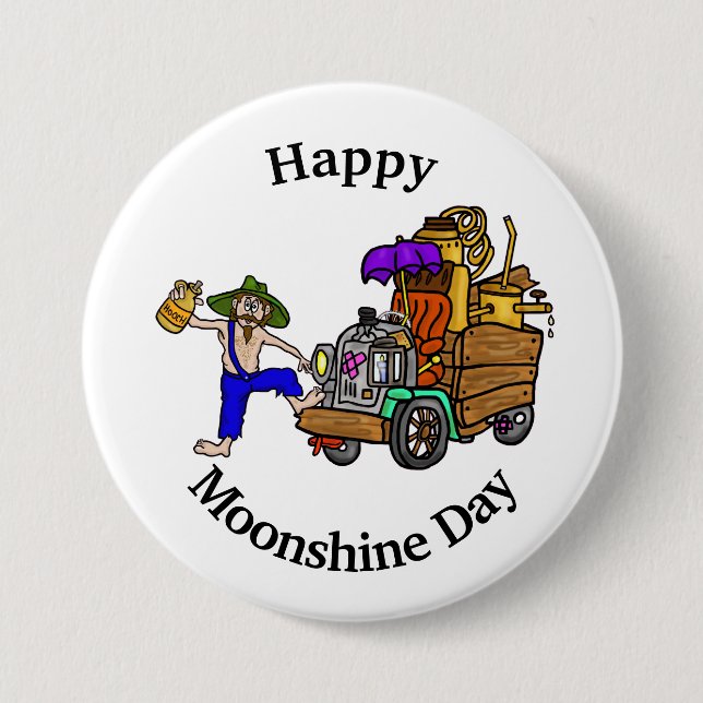 Moonshine Day Button with Hillbilly Truck and Man  (Front)
