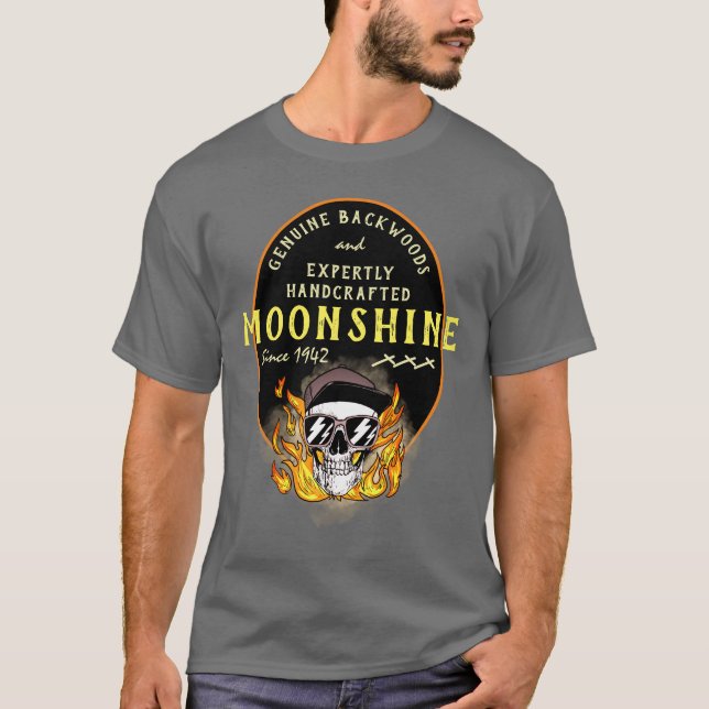 Moonshine Funny Genuine Backwoods Flaming Skull  T-Shirt (Front)