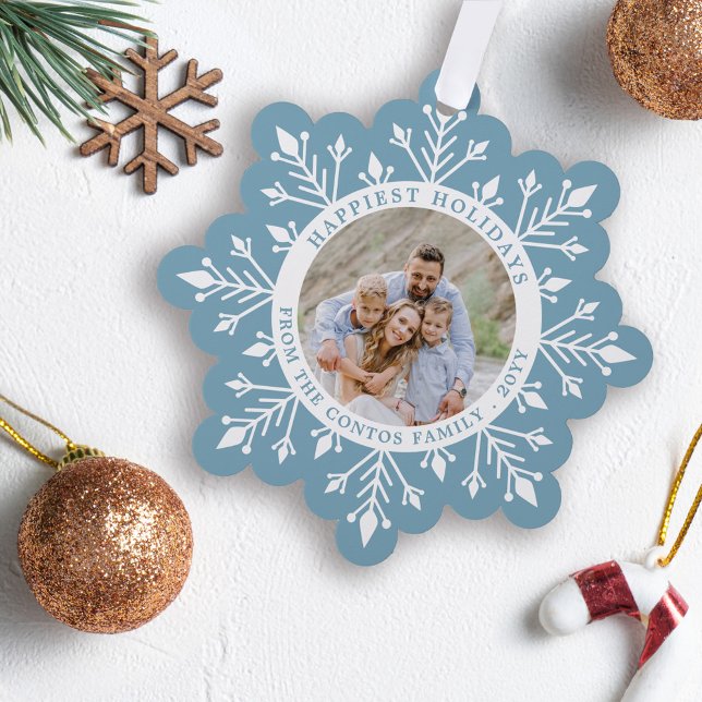 Moonstone Blue Snowflake Happy Holidays Photo Ornament Card (Creator Uploaded)
