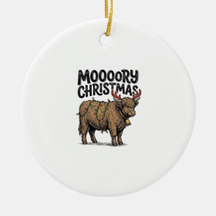 Moooory Christmas Highland Cow Vintage Engraving T Ceramic Ornament