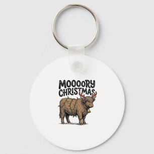 Moooory Christmas Highland Cow Vintage Engraving T Keychain