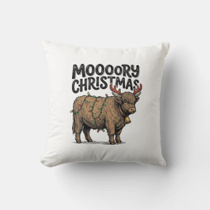 Moooory Christmas Highland Cow Vintage Engraving T Throw Pillow