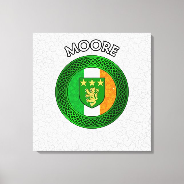 Moore Crest & Celtic Knot on Shamrock Canvas Print (Front)
