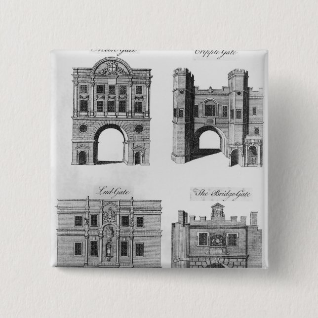 Moorgate, Cripplegate, Ludgate Bridgegate 2 Inch Square Button (Front)