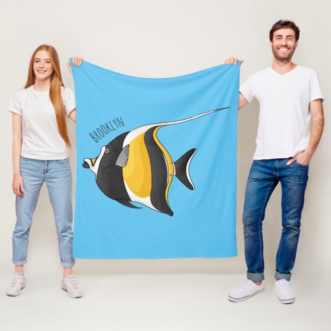 Moorish idol fish cartoon illustration fleece blanket (In Situ)