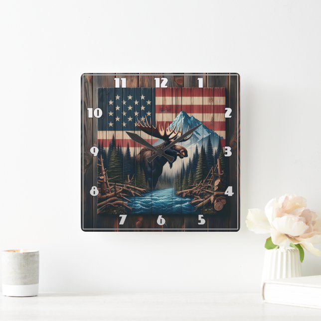 Moose Against American Flag and Mountain Landscape Square Wall Clock (Home)