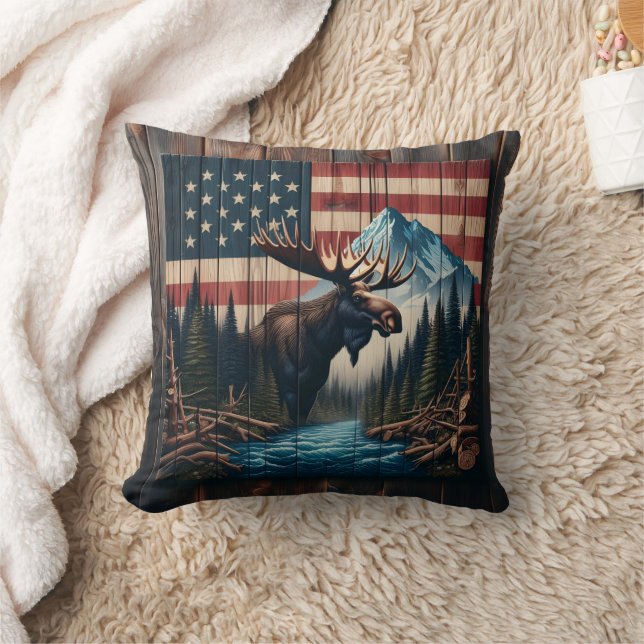 Moose Against American Flag and Mountain Landscape Throw Pillow (Blanket)