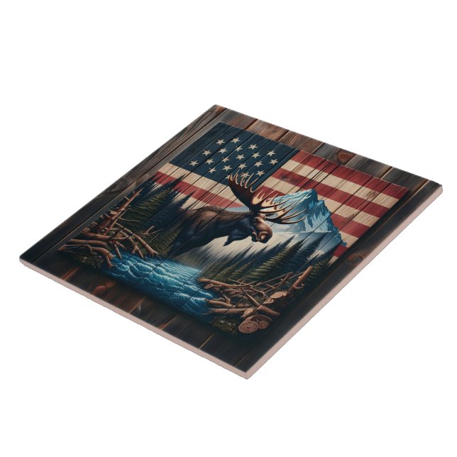 Moose Against American Flag and Mountain Landscape Tile (Side)