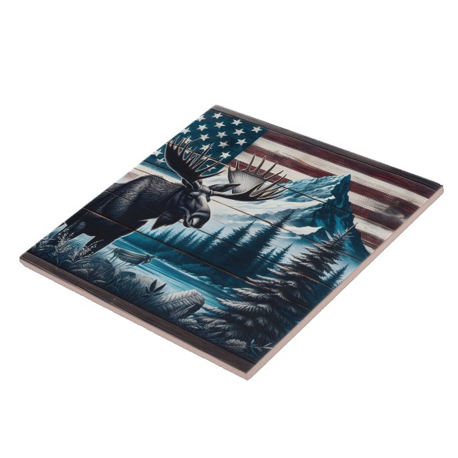 Moose Against Mountain and Flag Background Tile (Side)