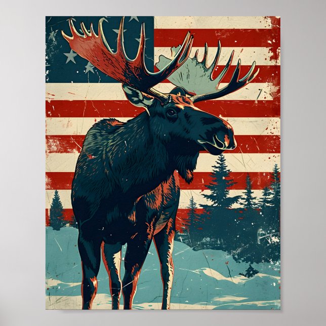 Moose American Flag Vintage Poster (Front)