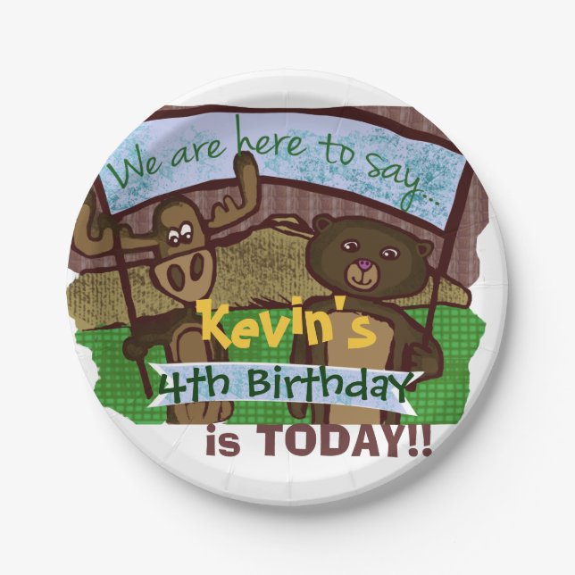 Moose and bear Birthday Paper Plate (Front)