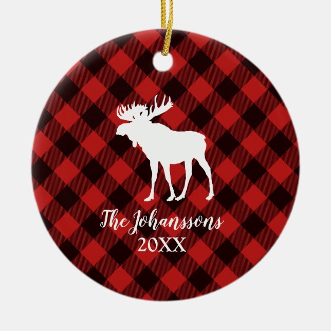 Moose and Buffalo Red and Black Plaid Christmas Ceramic Ornament (Front)
