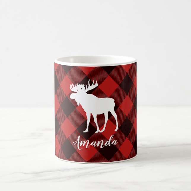 Moose and Buffalo Red and Black Plaid Christmas Coffee Mug (Center)