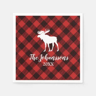 Moose and Buffalo Red and Black Plaid Christmas Napkin