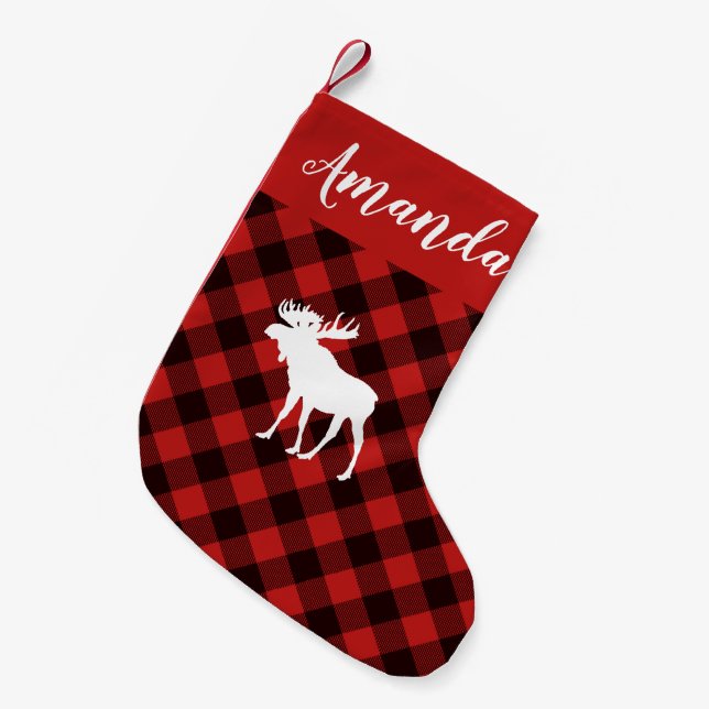 Moose and Buffalo  Red and Black Plaid Christmas Small Christmas Stocking (Front (Hanging))